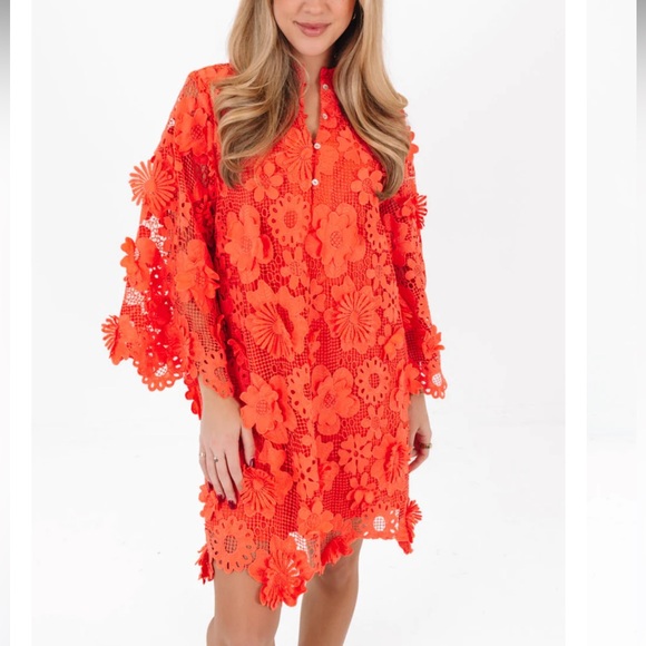 J. Marie The Seraphina Dress Coral Floral Lace Appliqué Crochet Sheer Overlay L - Picture 2 of 9